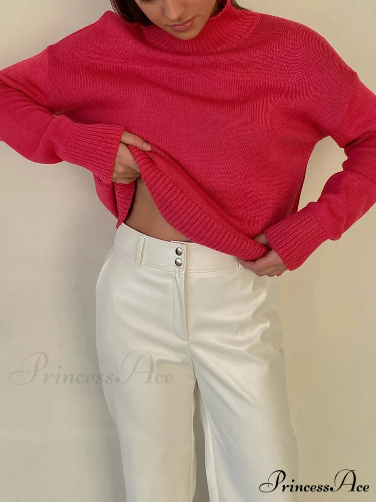 Thick Cozy Oversize Warm White High Neck Knitted Casual Comfortable Sweater RED / S