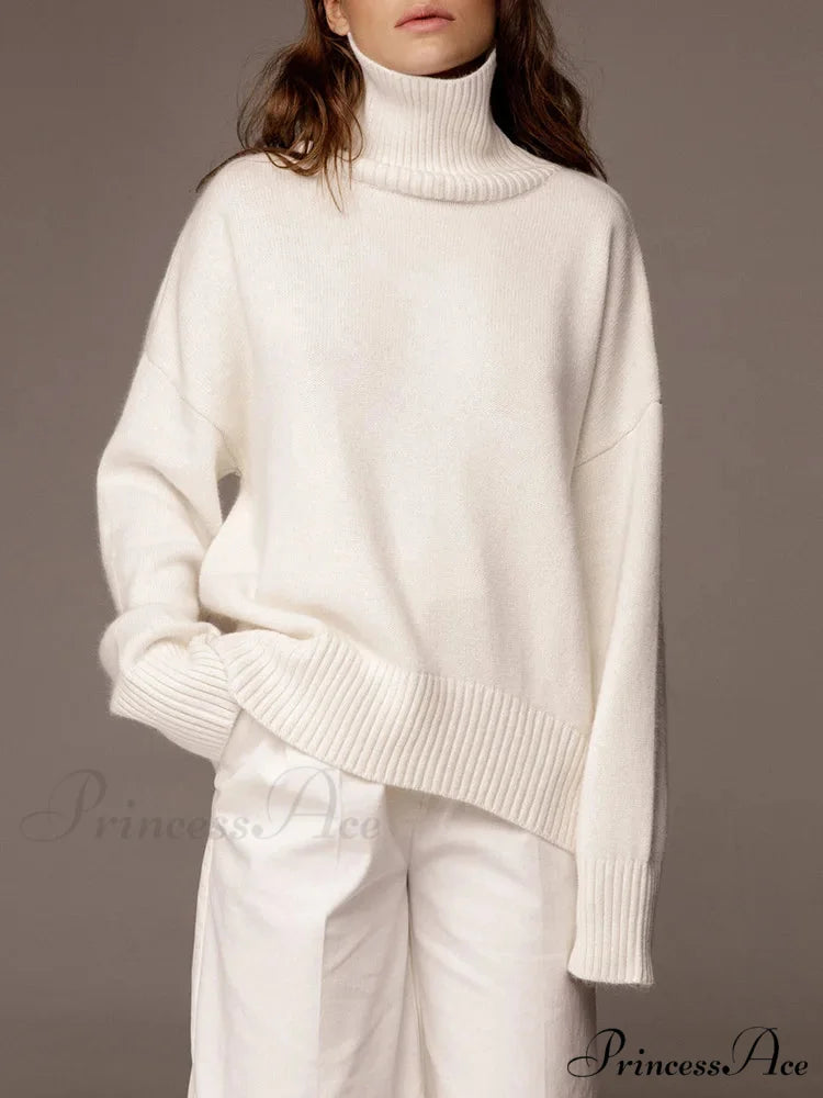 Thick Cozy Oversize Warm White High Neck Knitted Casual Comfortable Sweater WHITE / S