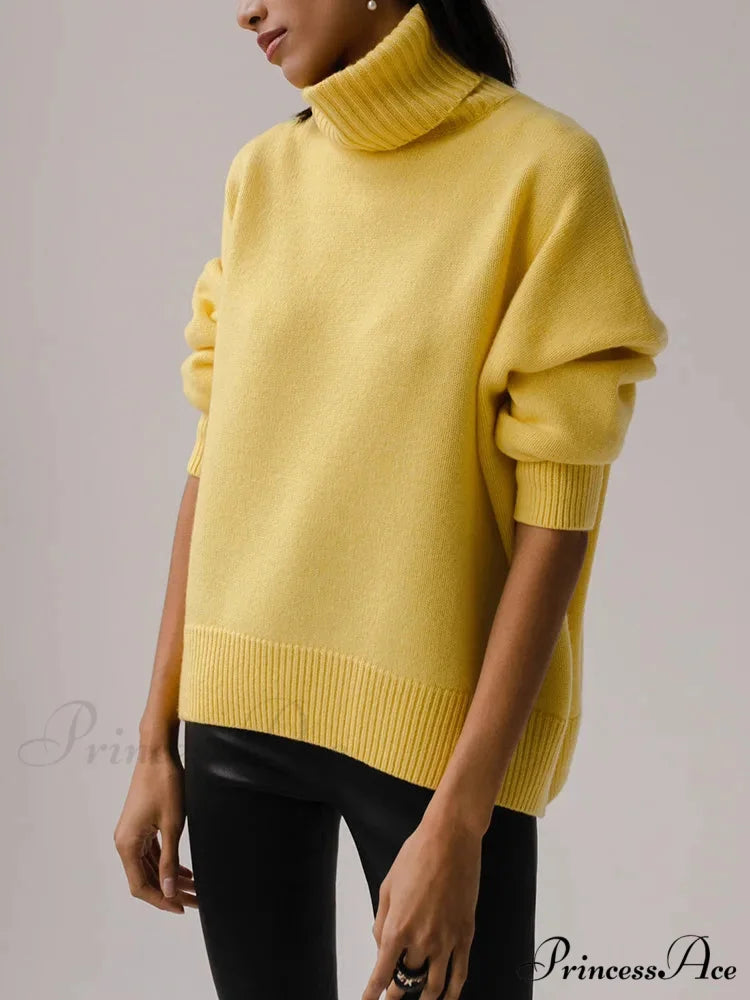 Thick Cozy Oversize Warm White High Neck Knitted Casual Comfortable Sweater Yellow / S