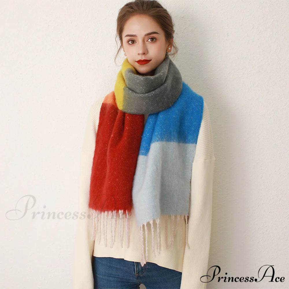 Thick Cozy Stylish Warm Trendy Classic Soft Color-blocked Scarf RED
