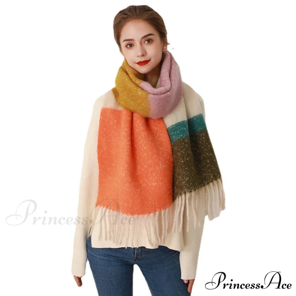 Thick Cozy Stylish Warm Trendy Classic Soft Color-blocked Scarf RED