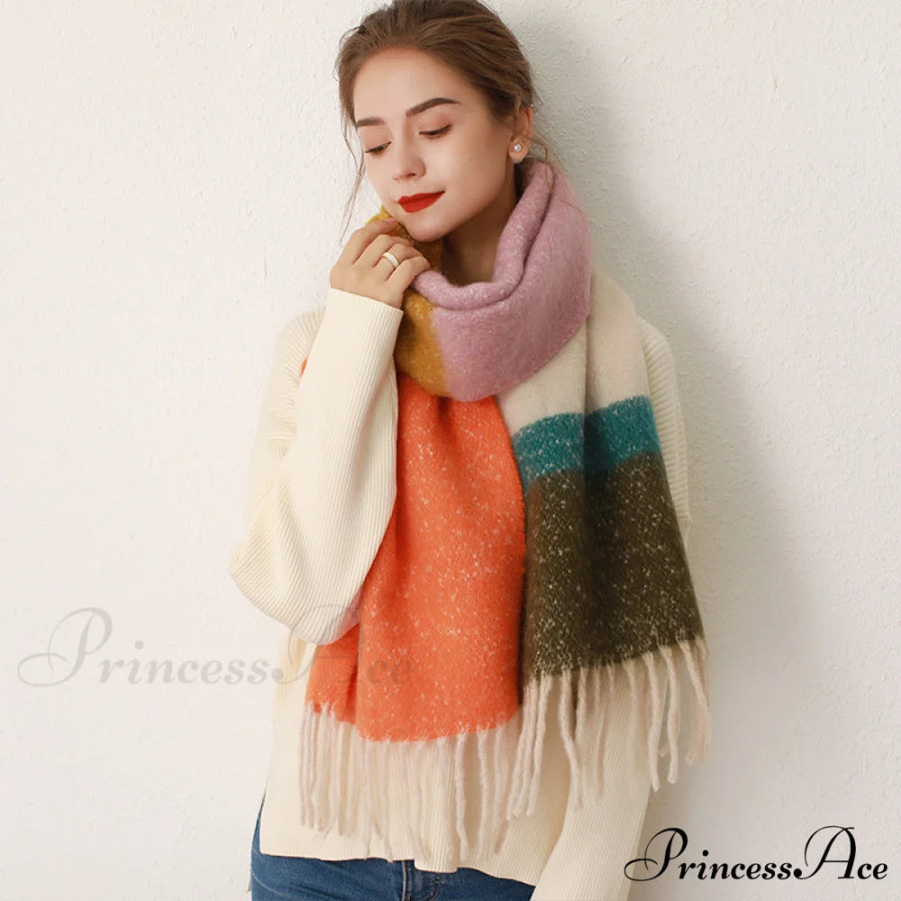 Thick Cozy Stylish Warm Trendy Classic Soft Color-blocked Scarf RED