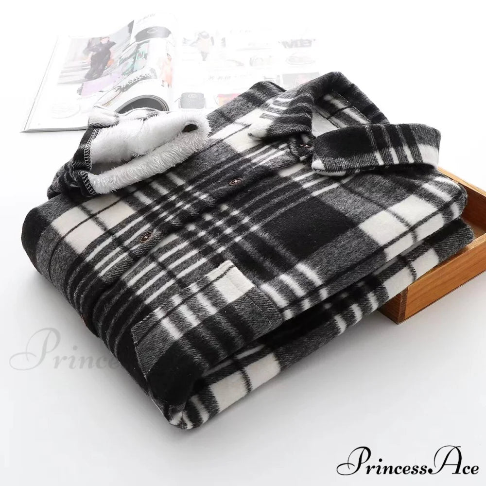 Thick Velvet Plaid Shirts Jacket black white / S