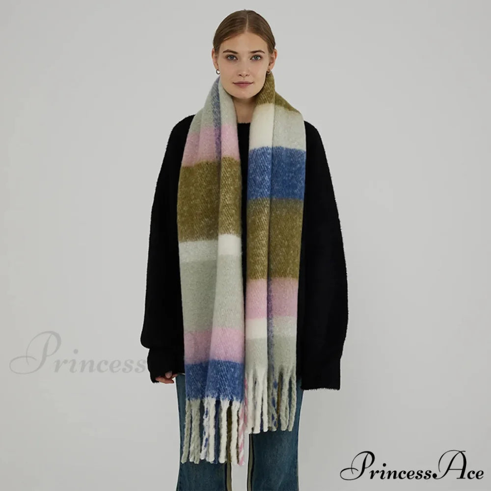 Thick Warm Tassel Contrast Color Scarf for Autumn/Winter green pink 231x42CM