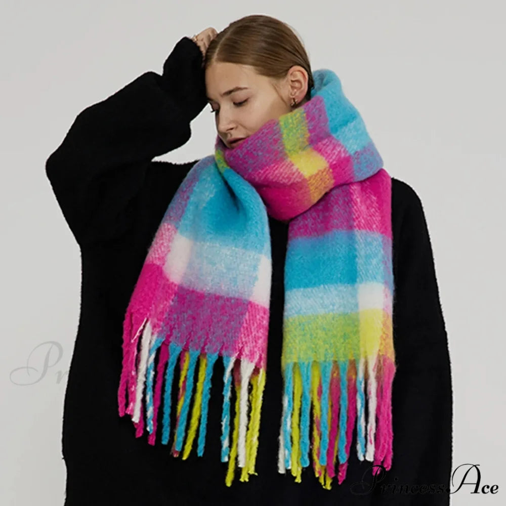 Thick Warm Tassel Contrast Color Scarf for Autumn/Winter Rainbow 231x42CM