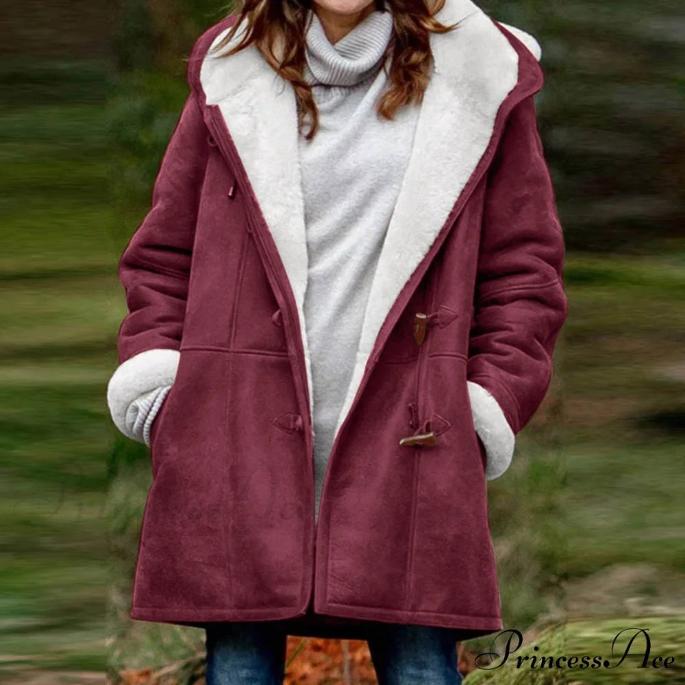 Thicken Fleece Lined Hooded Coat Wine / M