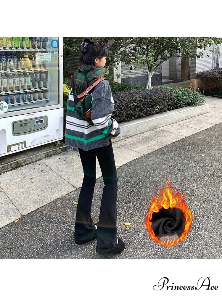 Thicken Winter Warm Slim Fleece Flared Pants Elastic Skinny Women’s Fashion High Waist Velvet Plus Length Female Jean