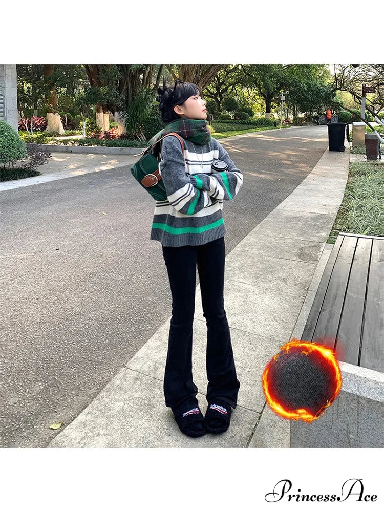 Thicken Winter Warm Slim Fleece Flared Pants Elastic Skinny Women’s Fashion High Waist Velvet Plus Length Female Jean