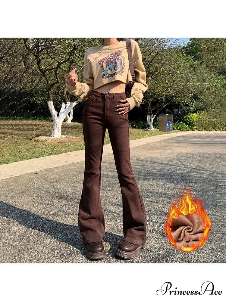 Thicken Winter Warm Slim Fleece Flared Pants Elastic Skinny Women’s Fashion High Waist Velvet Plus Length Female Jean
