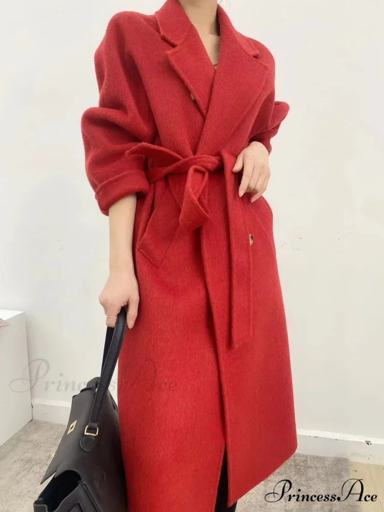 Thickened Wool Medium Length Coat Red / S