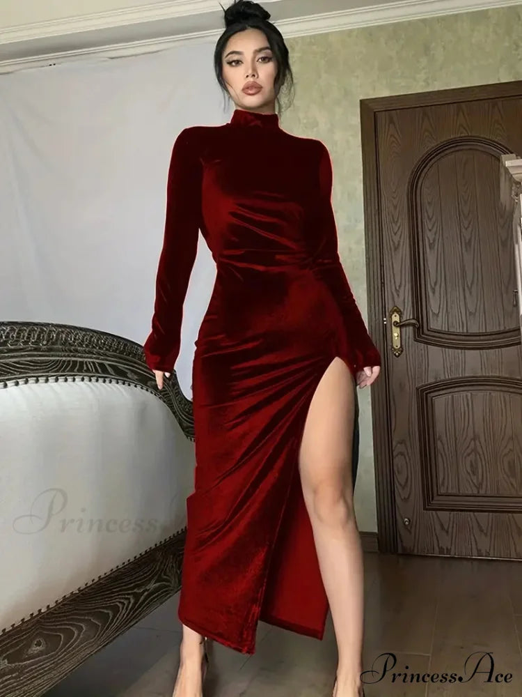 Thigh Split Ruched High Collar Long Sleeve Party Dress S / Blue