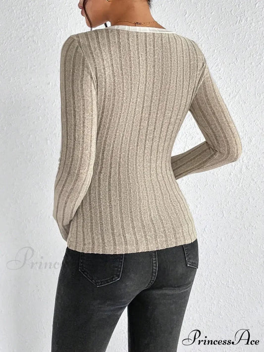 Thin Attractive V-Neck Neck Edge Conflict Pullover Top Women knittop-250126