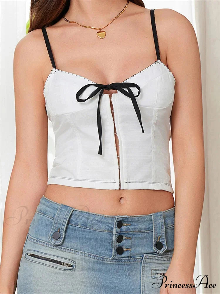 Thin Bow Cravat-fasten Spaghetti Strap Button Crop Top WHITE / S croptop-250126