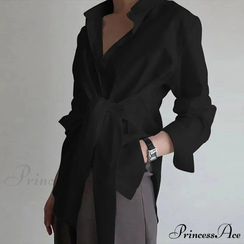 Thin Button Gathered Lace-Up Blouse Black / S blouse-250223