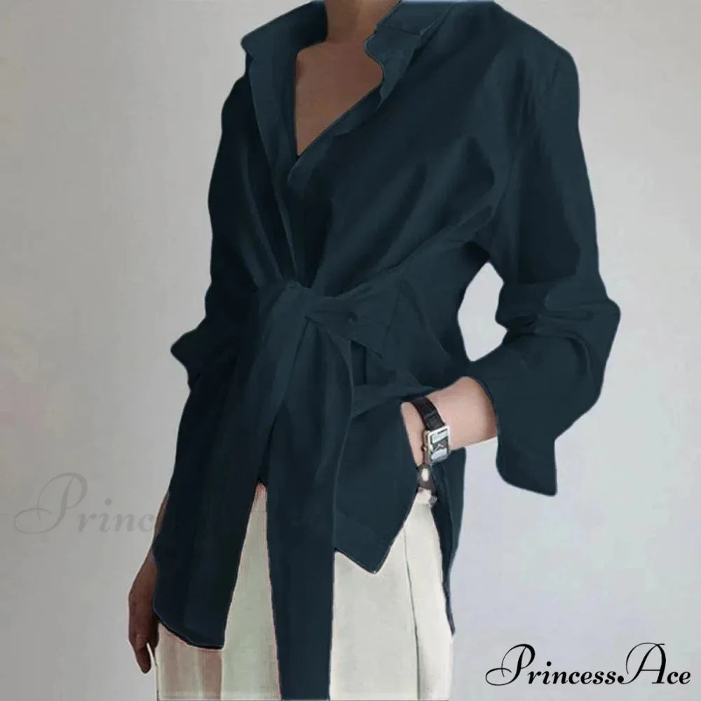 Thin Button Gathered Lace-Up Blouse Blue / S blouse-250223