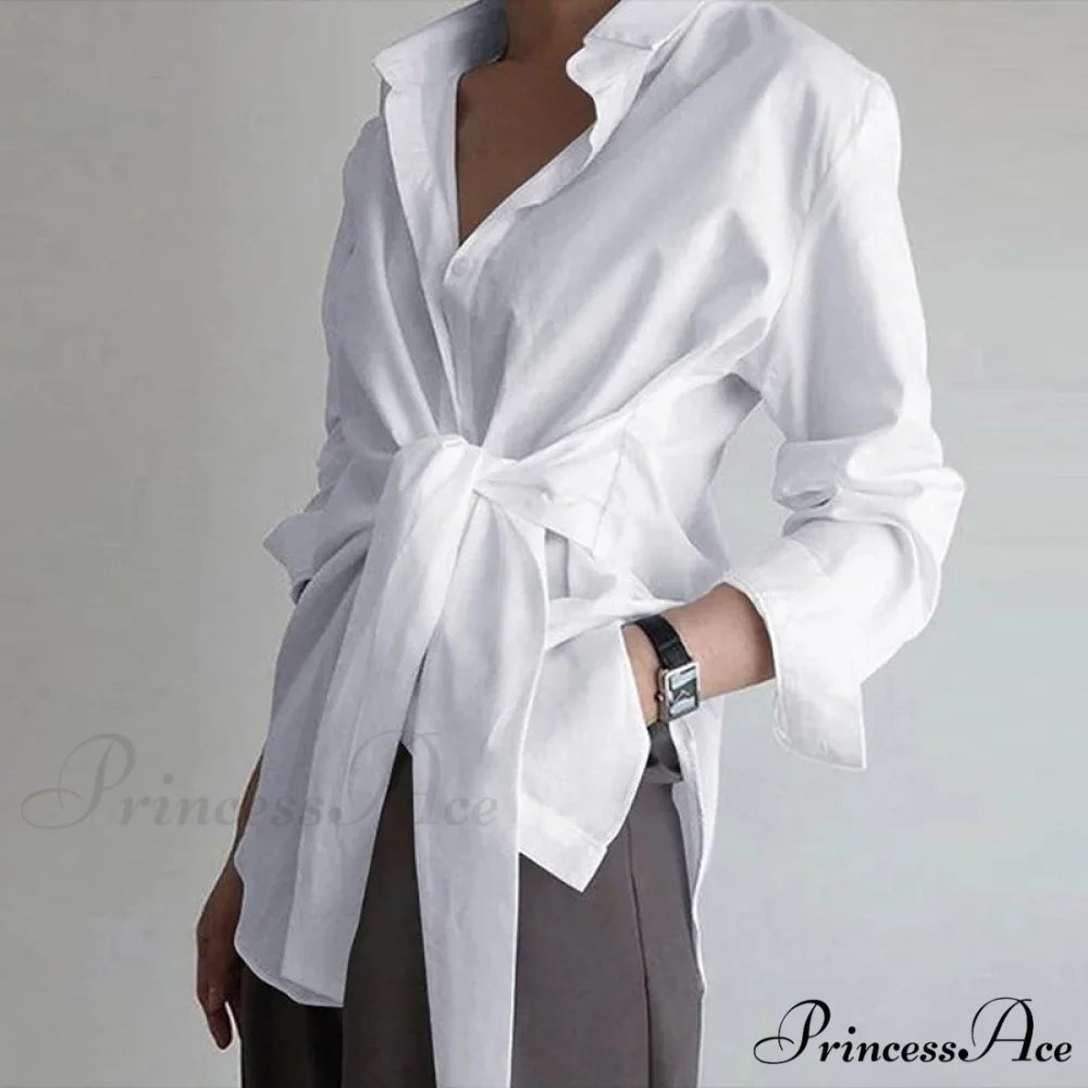 Thin Button Gathered Lace-Up Blouse WHITE / S blouse-250223