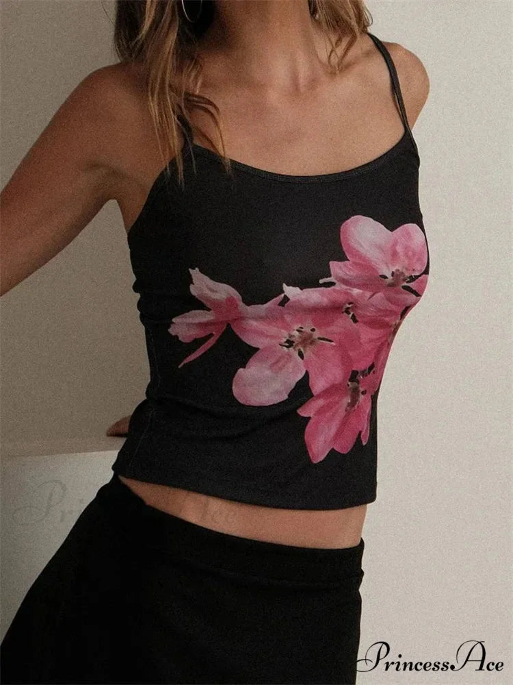 Thin Floral Pattern Spaghetti Strap Crop Top croptop-250126
