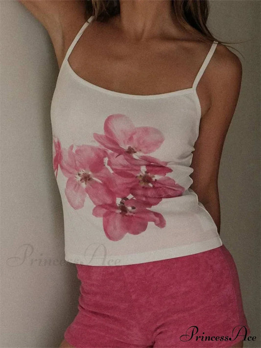 Thin Floral Pattern Spaghetti Strap Crop Top WHITE1 / S croptop-250126