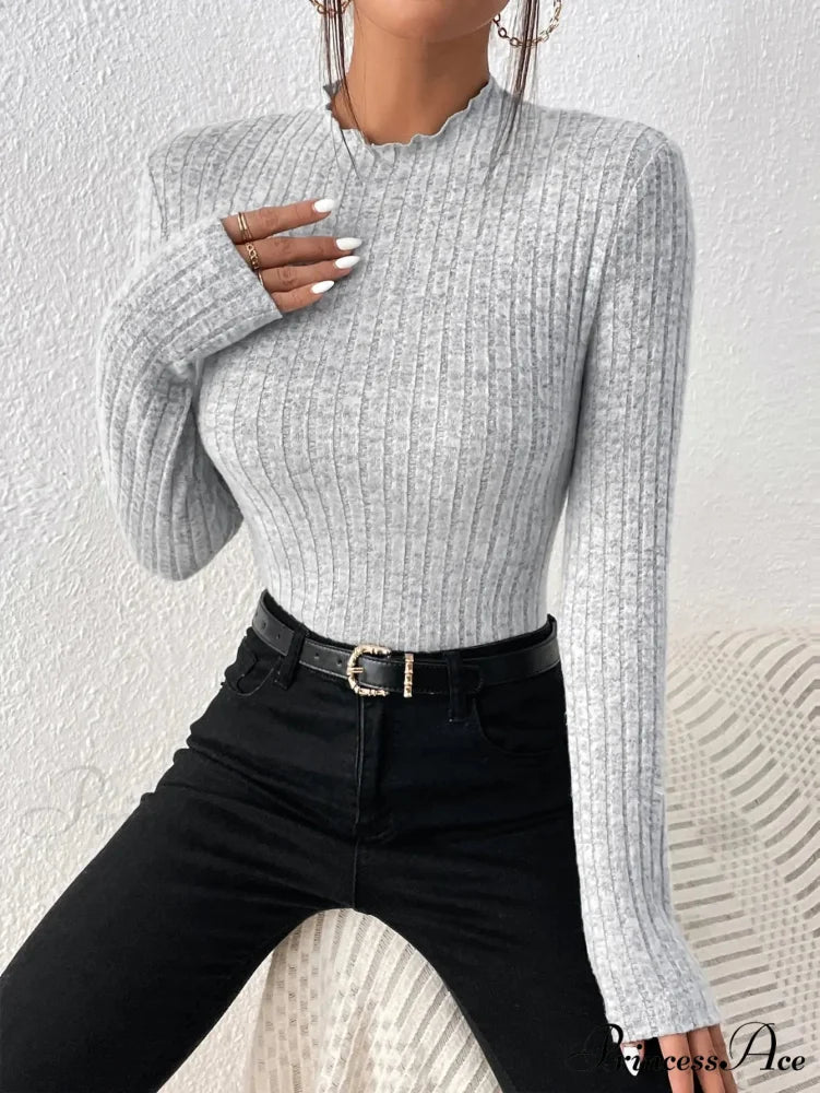 Thin Frill Neck Lace Mid-Collar Striped Sweater Knit Top Women GRAY / XS knittop-250126