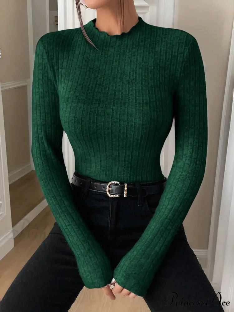 Thin Frill Neck Lace Mid-Collar Striped Sweater Knit Top Women green / XS knittop-250126