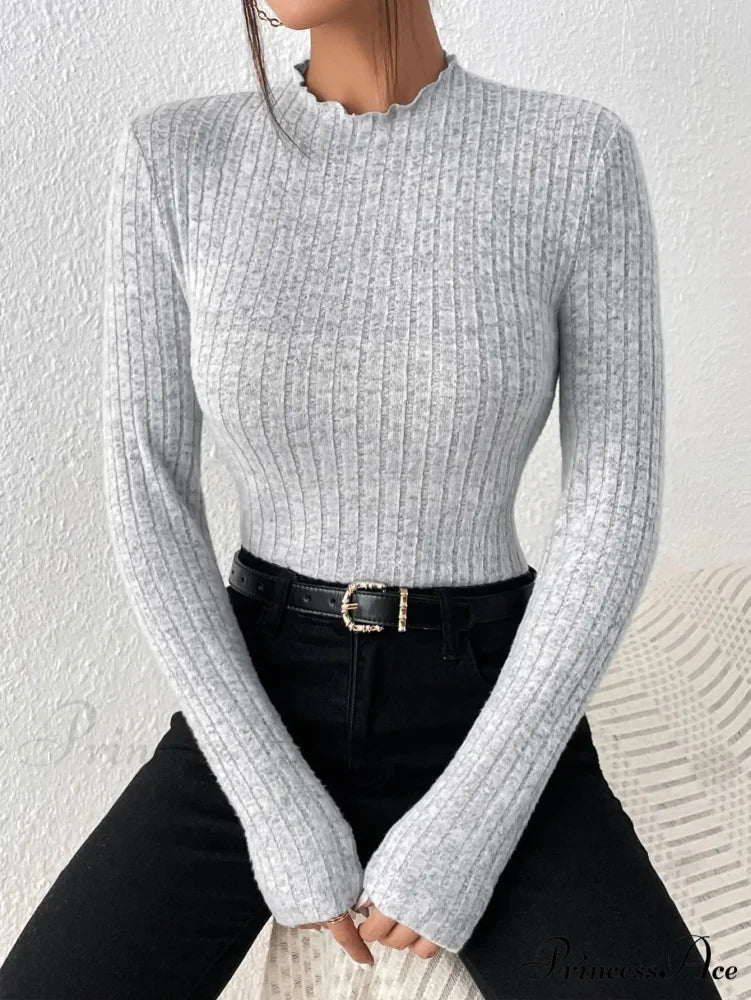 Thin Frill Neck Lace Mid-Collar Striped Sweater Knit Top Women knittop-250126