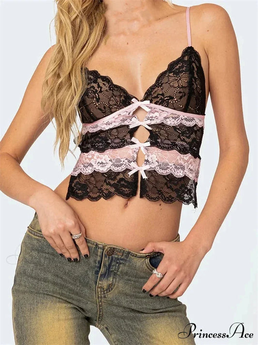 Thin Lace Ribbon Cutout Spaghetti Crop Top BLACK / S croptop-250126