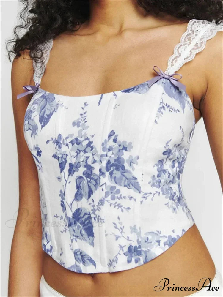 Thin Lace Strap Checkered Floral Print Crop Top croptop-250126