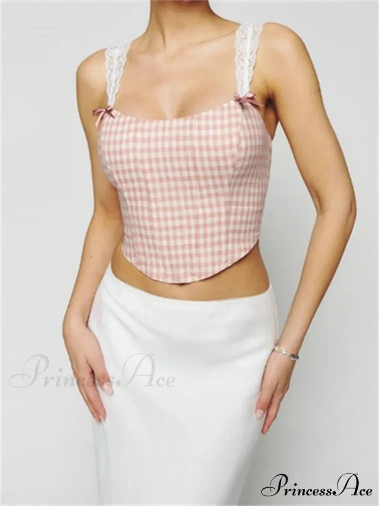Thin Lace Strap Checkered Floral Print Crop Top WHITE1 / S croptop-250126