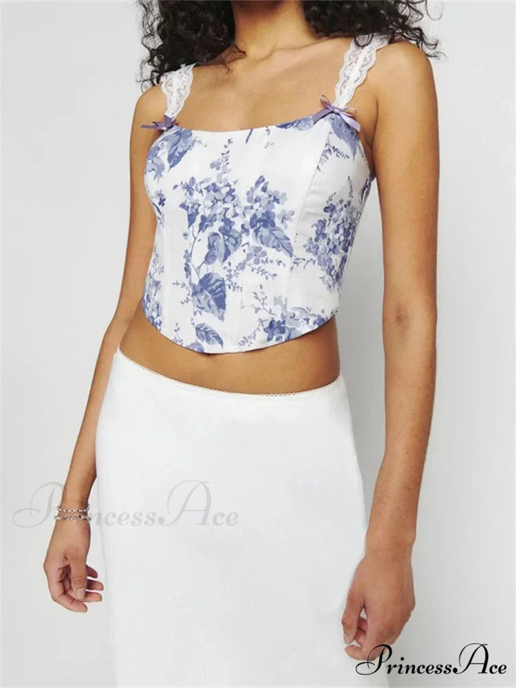Thin Lace Strap Checkered Floral Print Crop Top WHITE2 / S croptop-250126