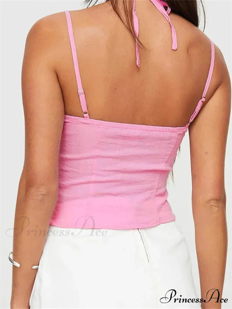 Thin Lace Trim Halter Bind Backless Crop Top croptop-250126