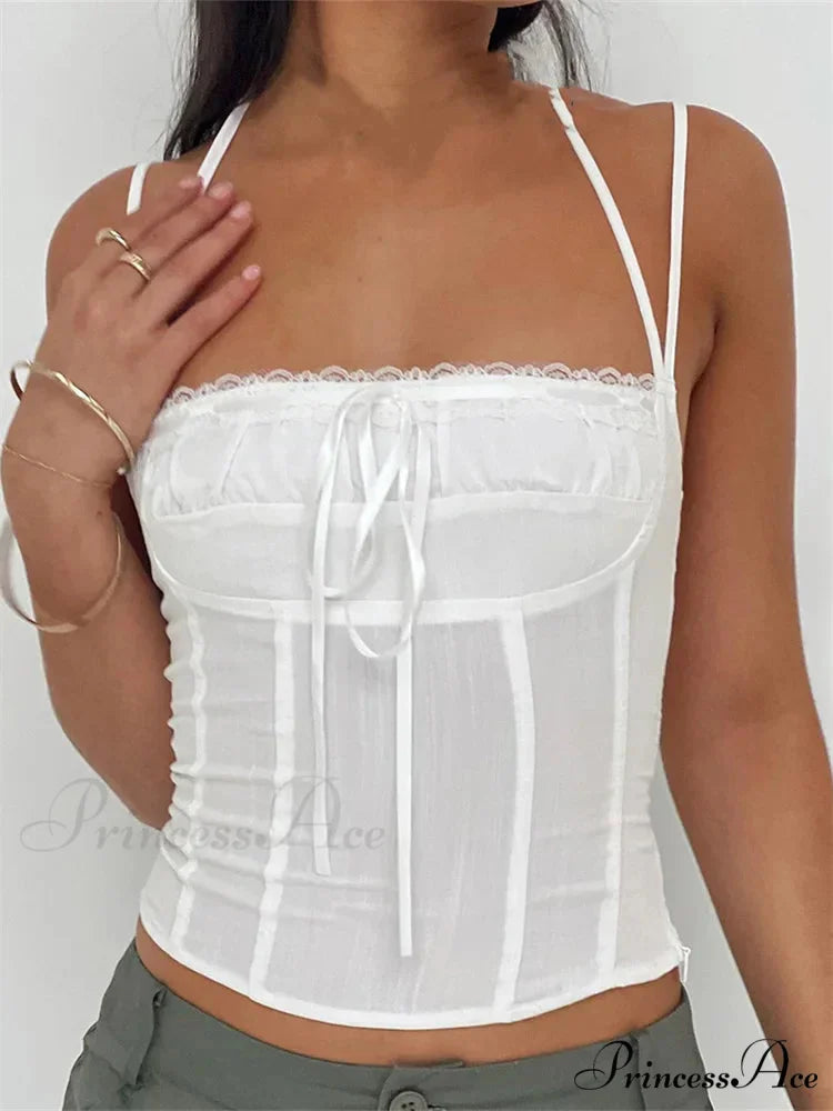 Thin Lace Trim Halter Bind Backless Crop Top WHITE / S croptop-250126