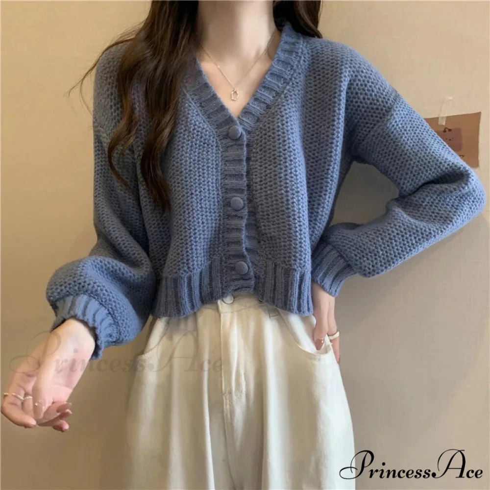 Thin Solid V-Neck Button-Up Knitted Cardigan for Women BLUE / One Size cardiagn-250126