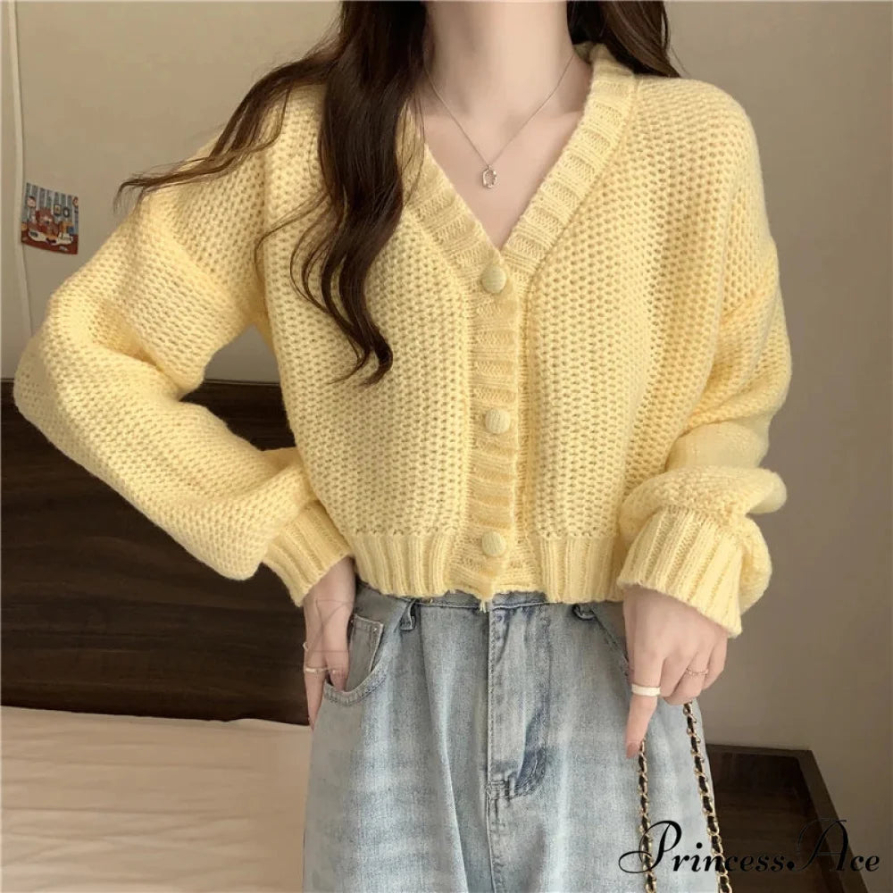 Thin Solid V-Neck Button-Up Knitted Cardigan for Women YELLOW / One Size cardiagn-250126