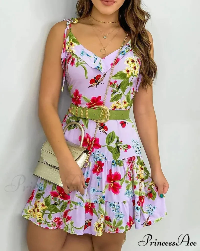 Thin Strap Flowered Lined Mini Dress floraldress-250126