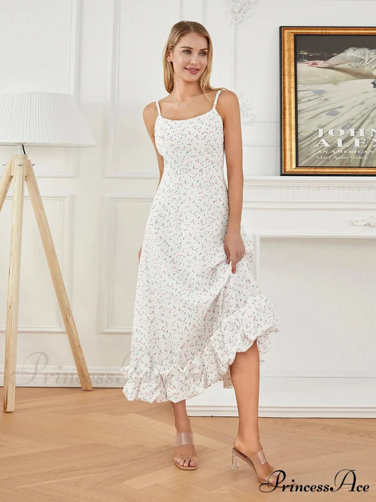 Thin Strap Frilled Long Sweet Sling Bubble Hem A-line Floral Dress floraldress-250126