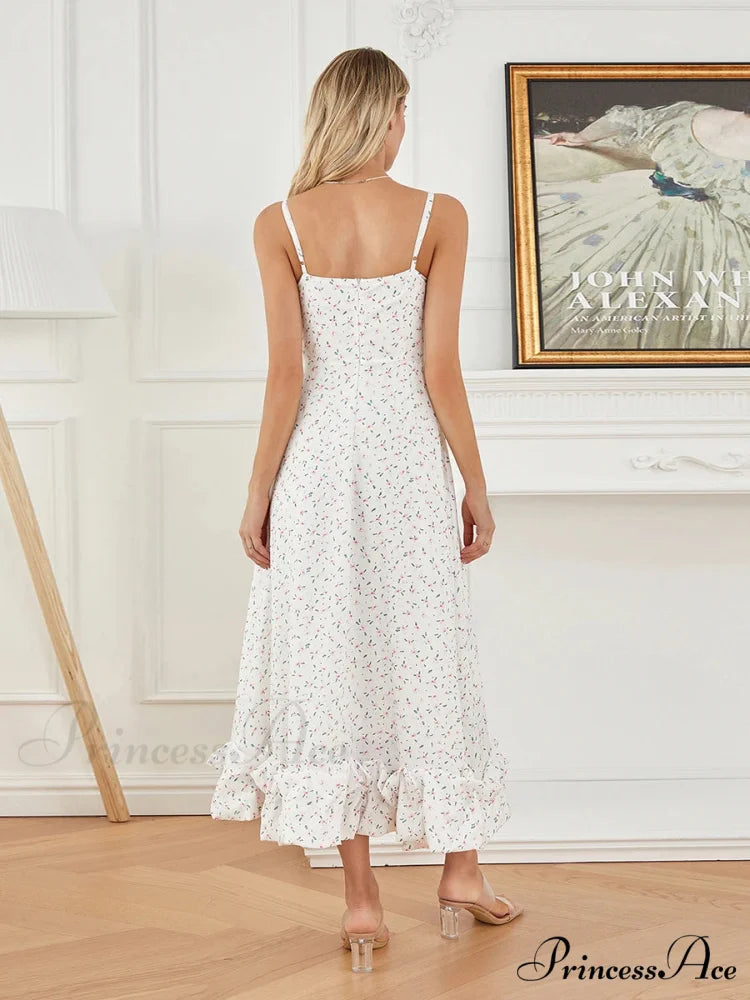 Thin Strap Frilled Long Sweet Sling Bubble Hem A-line Floral Dress floraldress-250126