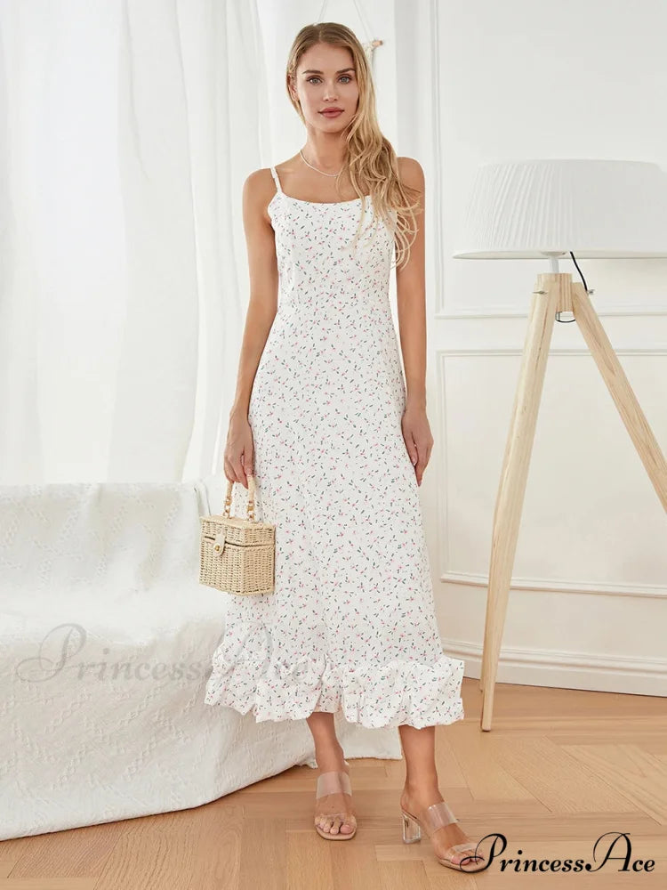 Thin Strap Frilled Long Sweet Sling Bubble Hem A-line Floral Dress floraldress-250126