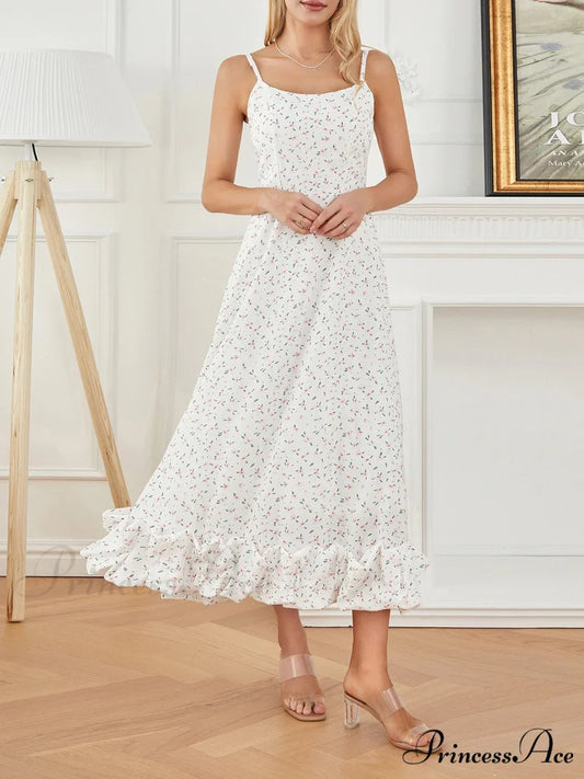 Thin Strap Frilled Long Sweet Sling Bubble Hem A-line Floral Dress WHITE / S floraldress-250126