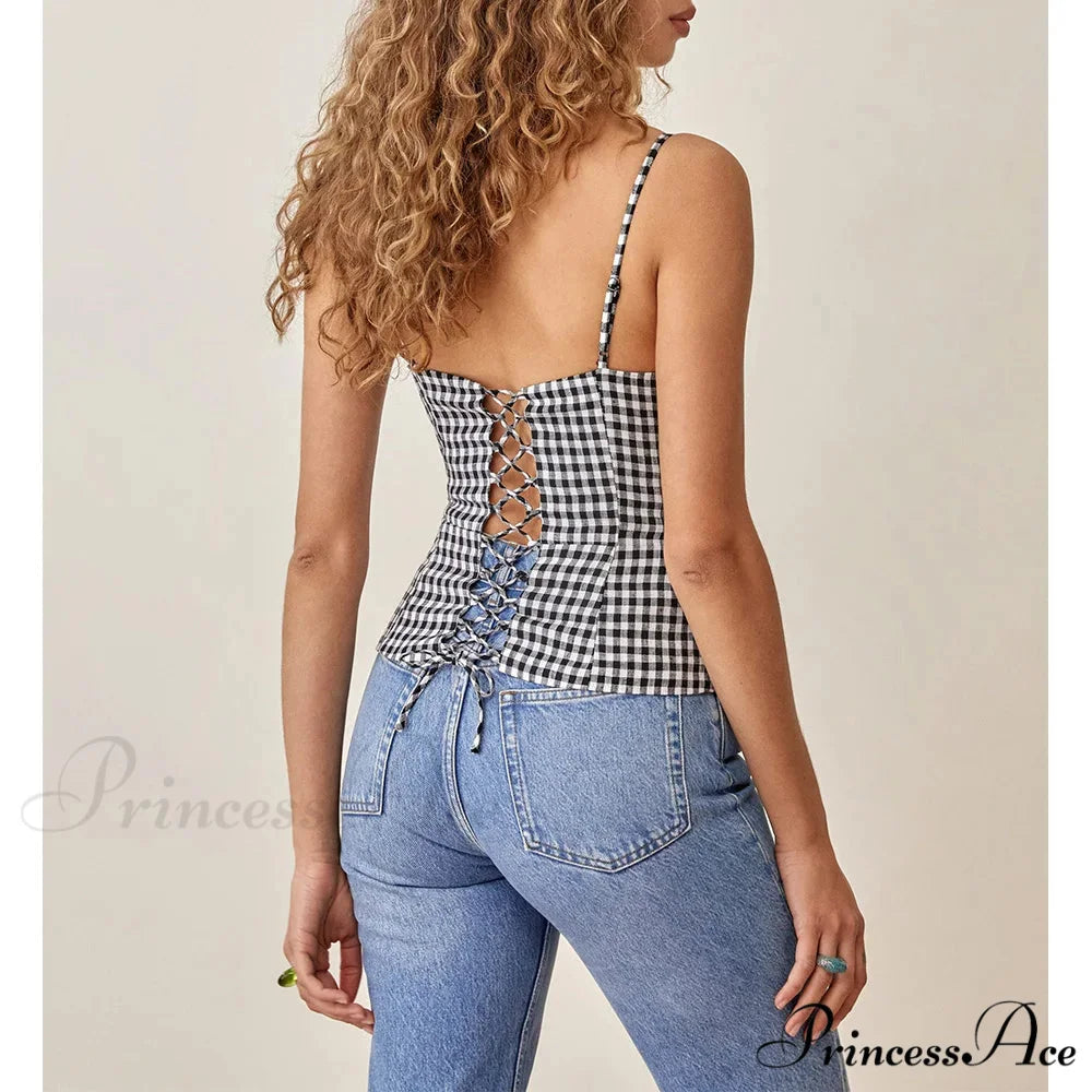 Thin Strap Front Button Checked Lace Up V Neck Informal Crop Top croptop-250126