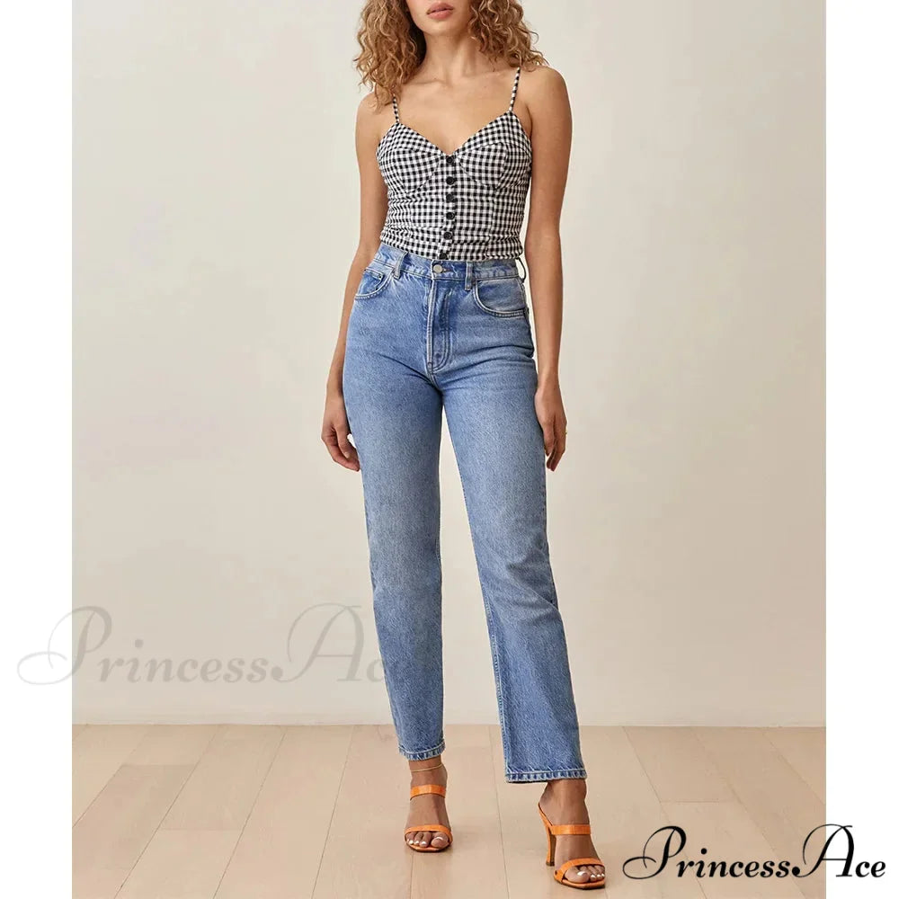 Thin Strap Front Button Checked Lace Up V Neck Informal Crop Top croptop-250126
