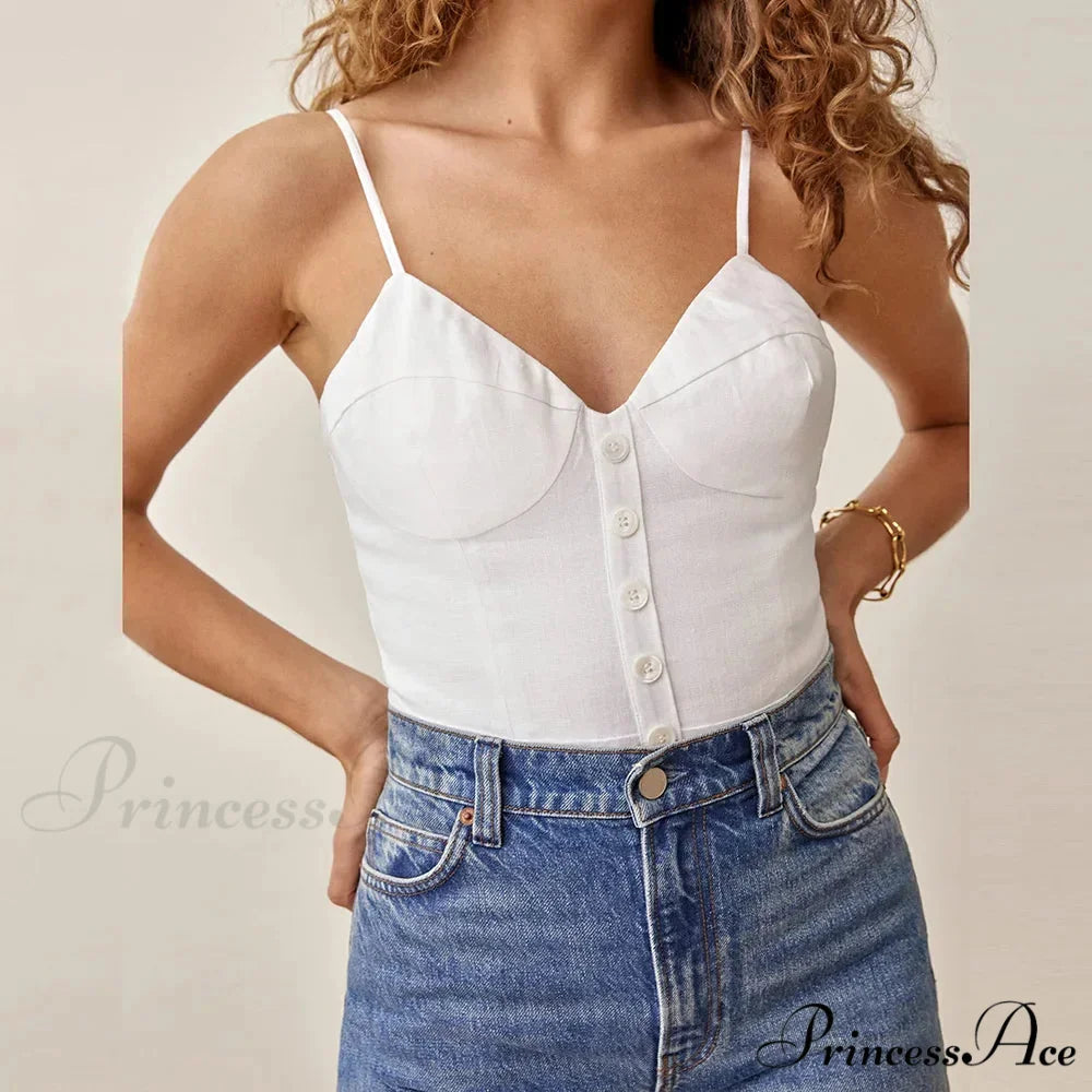 Thin Strap Front Button Checked Lace Up V Neck Informal Crop Top WHITE / S croptop-250126
