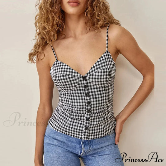 Thin Strap Front Button Checked Lace Up V Neck Informal Crop Top Zebra-stripe / S croptop-250126
