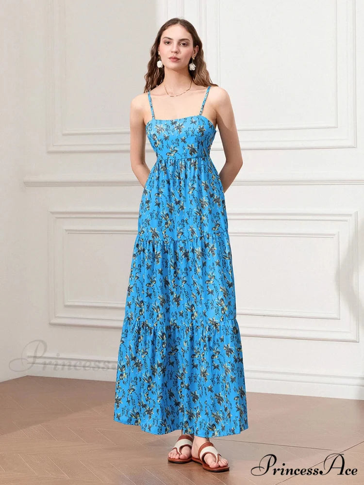 Thin Strap Gathered Open-Back Flowy Seaside Holiday Floral Dress floraldress-250126