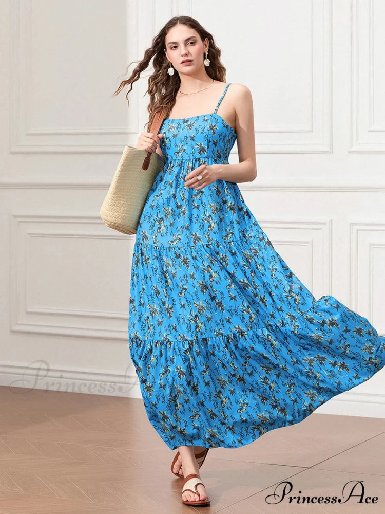Thin Strap Gathered Open-Back Flowy Seaside Holiday Floral Dress floraldress-250126