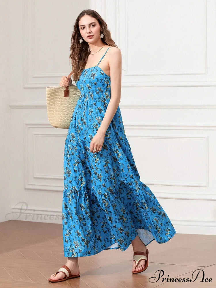 Thin Strap Gathered Open-Back Flowy Seaside Holiday Floral Dress floraldress-250126