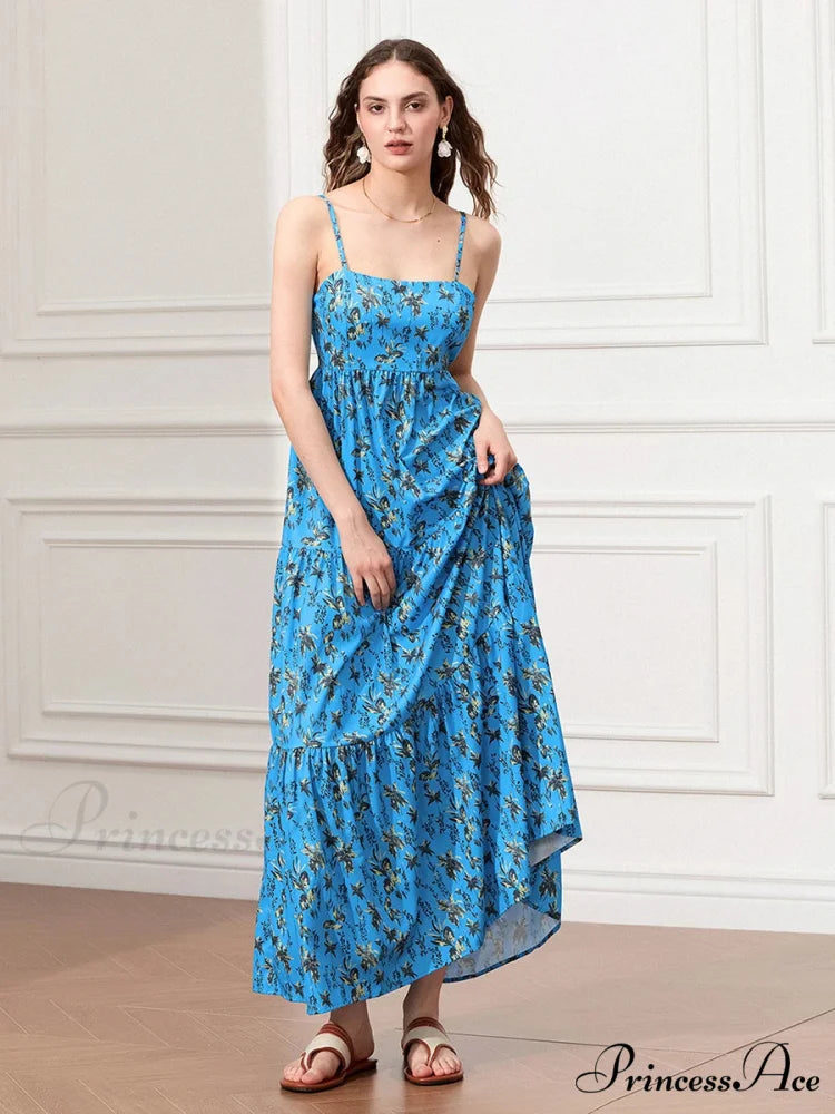 Thin Strap Gathered Open-Back Flowy Seaside Holiday Floral Dress floraldress-250126