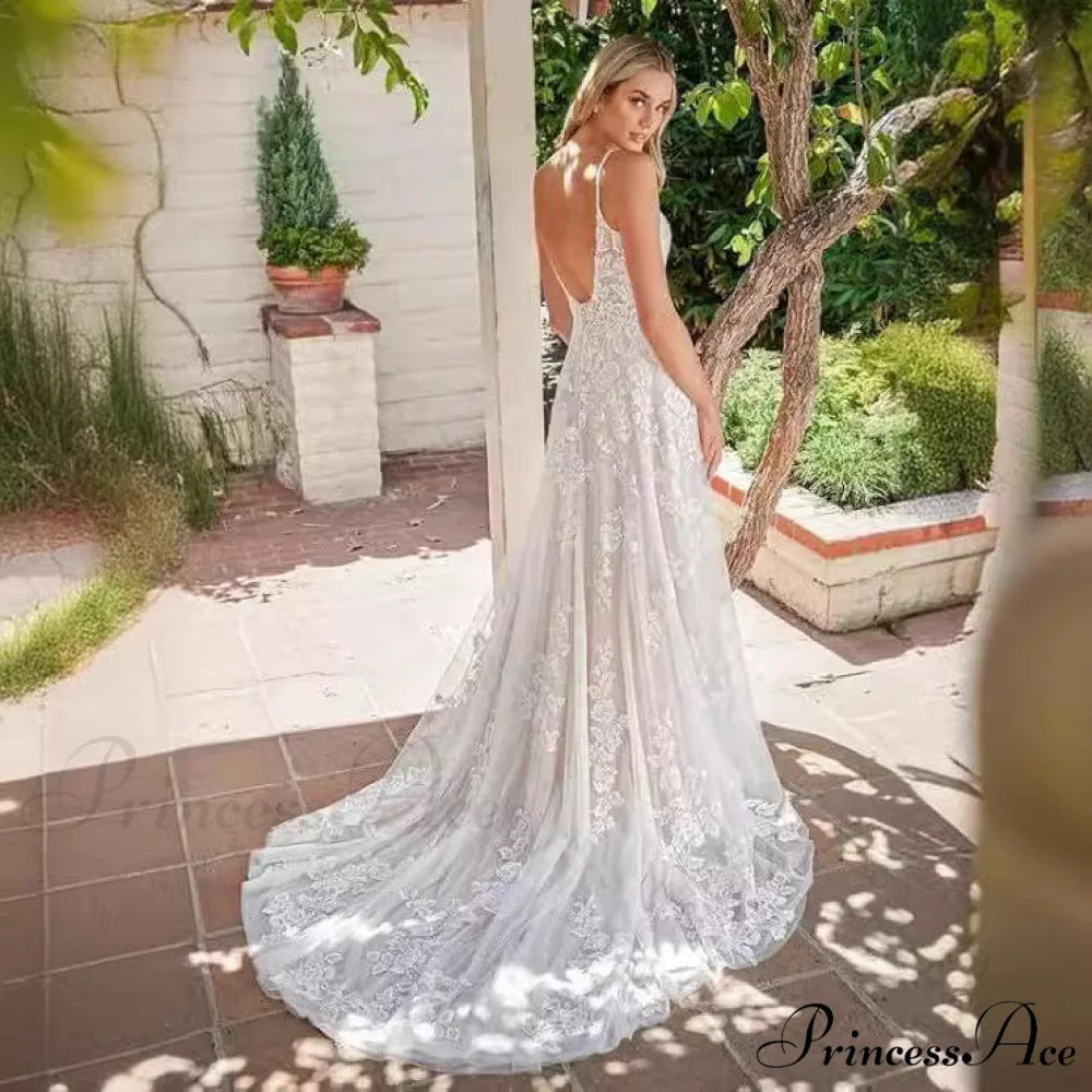Thin Strap Transparent Train Wedding Gown weddingdress-250223