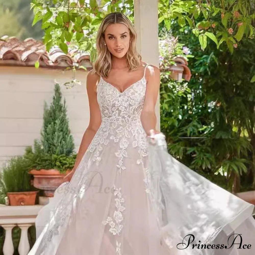 Thin Strap Transparent Train Wedding Gown weddingdress-250223