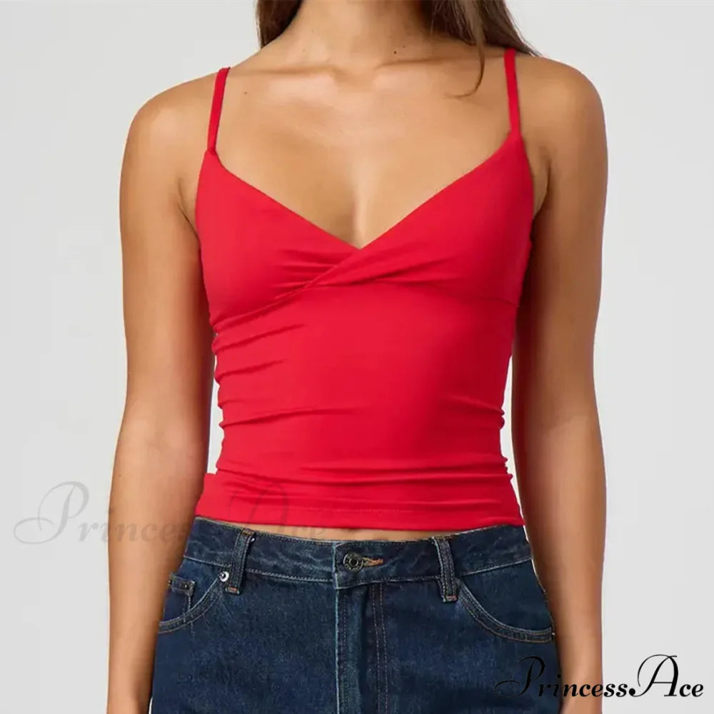 Thin Strap V-Neck Midriff Top red / S croptop-250223