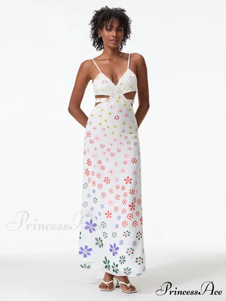 Thin Straps Sophisticated Open-Back Ribbon Crisscross Floral Dress floraldress-250126